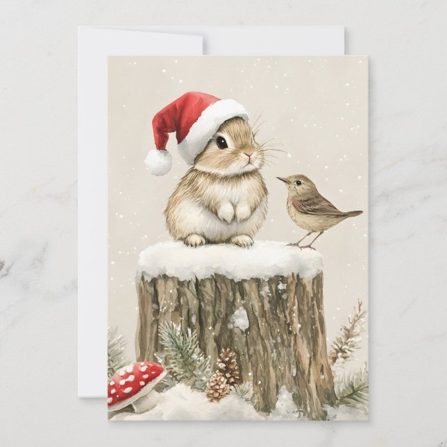 Snowy Forest Winter Woodland Christmas Bunny Bird  Holiday Card (Front)