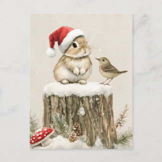 Snowy Forest Winter Woodland Christmas Bunny Bird Holiday Postcard