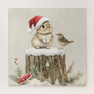 Snowy Forest Winter Woodland Christmas Bunny Bird Jigsaw Puzzle