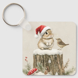 Snowy Forest Winter Woodland Christmas Bunny Bird  Key Ring