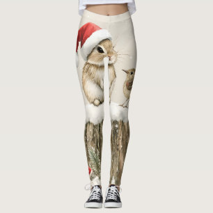 Snowy Forest Winter Woodland Christmas Bunny Bird  Leggings