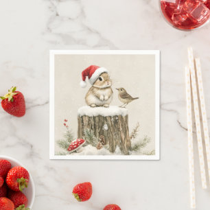 Snowy Forest Winter Woodland Christmas Bunny Bird  Napkin
