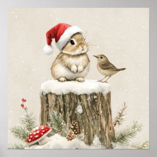 Snowy Forest Winter Woodland Christmas Bunny Bird  Poster