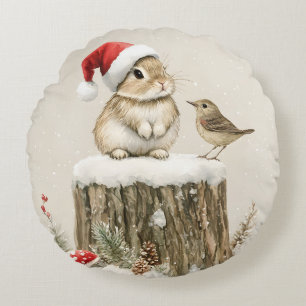 Snowy Forest Winter Woodland Christmas Bunny Bird Round Cushion