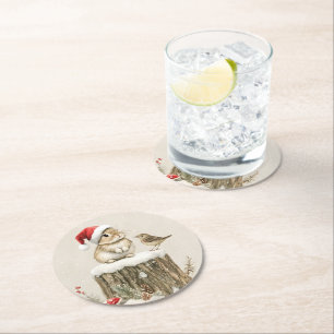 Snowy Forest Winter Woodland Christmas Bunny Bird Round Paper Coaster
