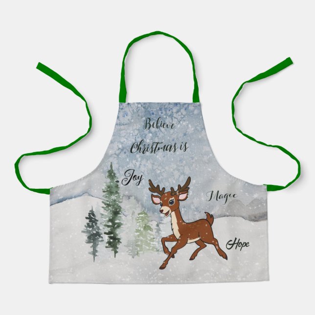 Snowy forest with a baby deer Christmas Apron (Front)