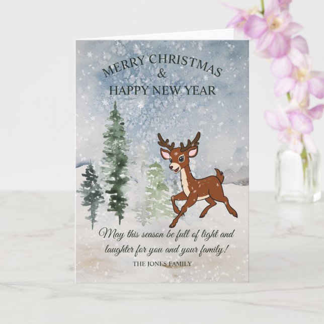 Snowy forest with a baby deer Christmas Card (Orchid)