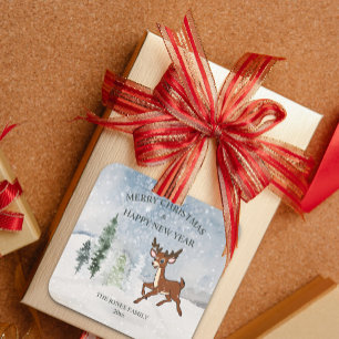 Snowy forest with a baby deer Christmas Square Sticker