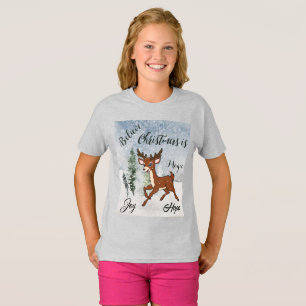 Snowy forest with a baby deer Christmas T-Shirt