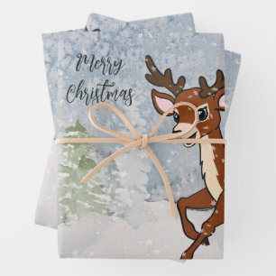 Snowy forest with a baby deer  wrapping paper sheet