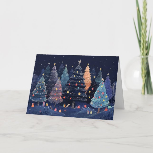 Snowy Forest with Colourful Christmas Lights Card (Front)