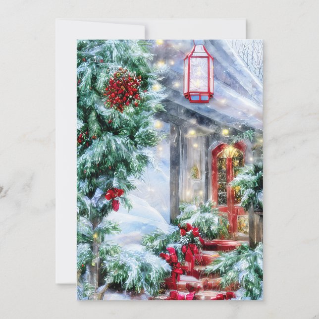 Snowy front steps budget Christmas Holiday Card (Front)