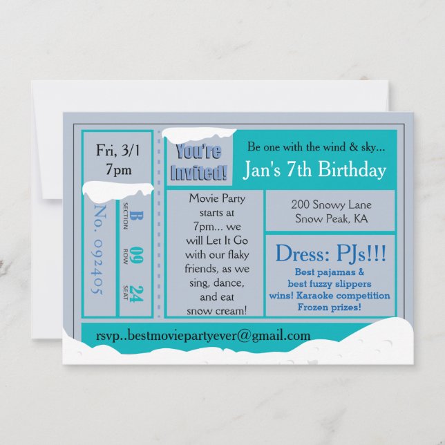 Snowy Frozen Birthday Movie Tix Invitation (Front)