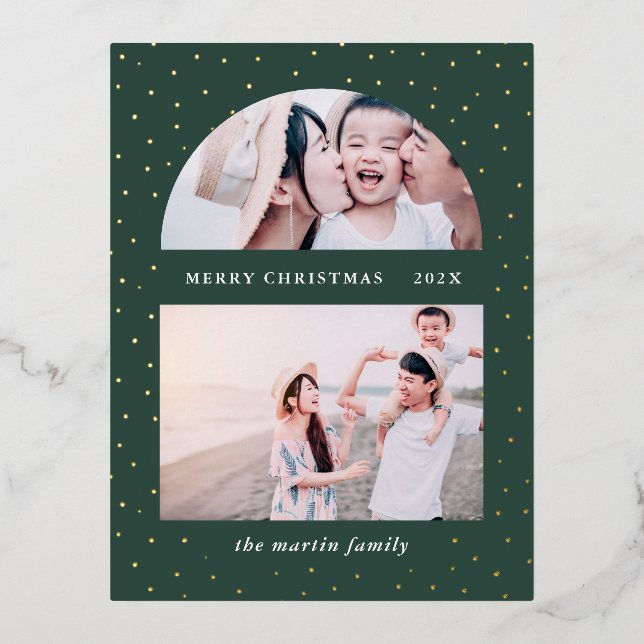 Snowy Globe Christmas Photo Green Foil Holiday Postcard (Front)