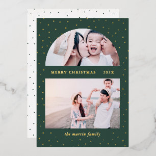 Snowy Globe Christmas Two Photo Green Foil Holiday Card