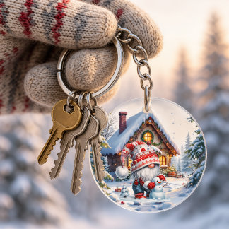 Snowy Gnome Cottage Key Ring