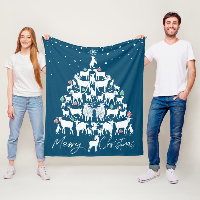 Snowy Goat ChristmasTree Merry Christmas Fleece Blanket (In Situ)