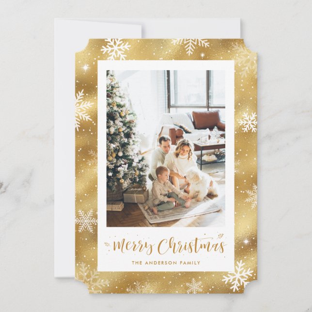 Snowy Gold Foil Photo Merry Christmas Holiday Card (Front)