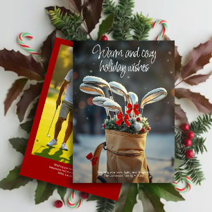 Snowy Golf Winter Season Wishes • Family Photo Red Holiday Card