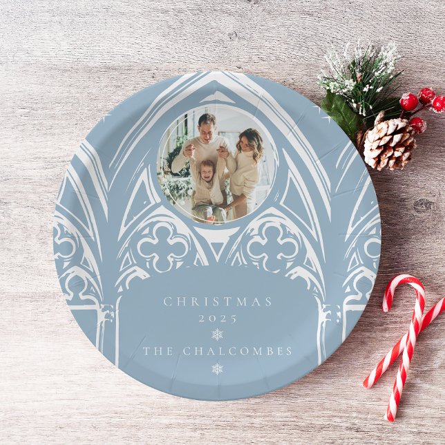 Snowy Gothic Winter Fairytale Christmas Blue Photo Paper Plate (Creator Uploaded)
