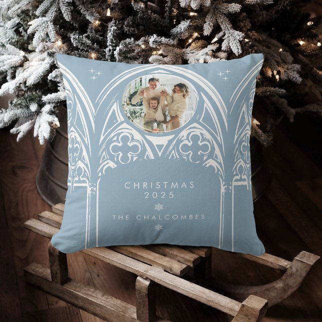Snowy Gothic Winter Fairytale Christmas Photo Blue Cushion (Creator Uploaded)