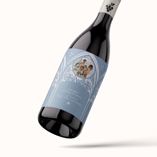 Snowy Gothic Winter Fairytale Christmas Photo Blue Wine Label (Creator Uploaded)