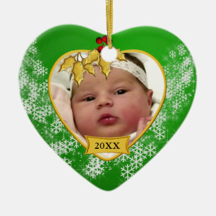 Snowy Green and Gold Baby's 1st Christmas Photo Ceramic Tree Decoration