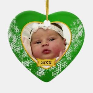 Snowy Green Baby's First Christmas Photo Ceramic Tree Decoration