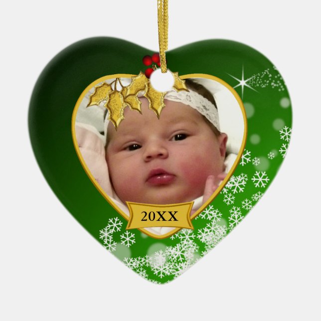 Snowy Green New Baby Photo Christmas Ceramic Tree Decoration (Front)
