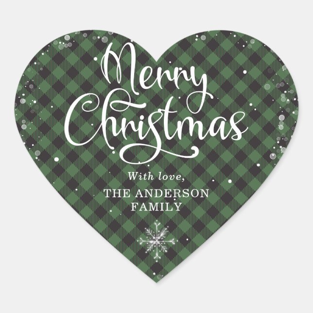 Snowy Green Plaid Calligraphy Merry Christmas Heart Sticker (Front)