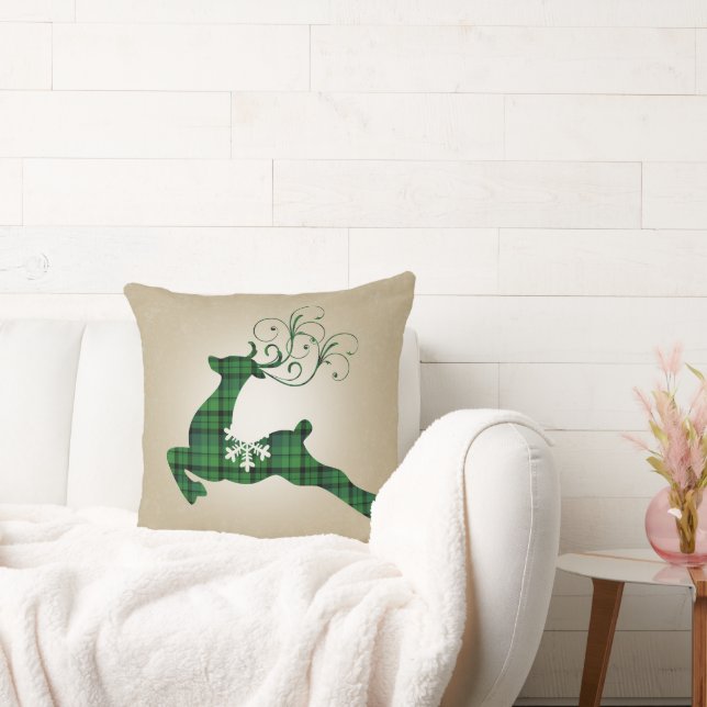 Snowy Green Plaid Christmas Reindeer Cushion (Couch)