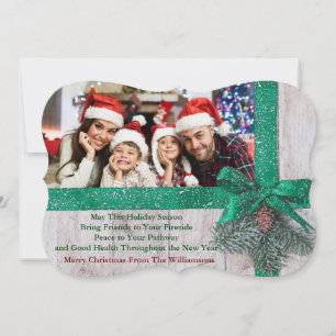 Snowy Green Ribbon and Bow on Wood Fancy Photo Holiday Card