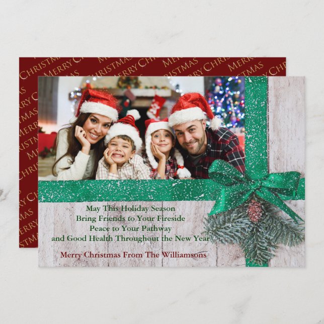 Snowy Green Ribbon and Bow on Wood Photo Holiday Card (Front/Back)