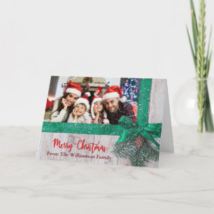 Snowy Green Ribbon Bow on Wood Photo Christmas Holiday Card