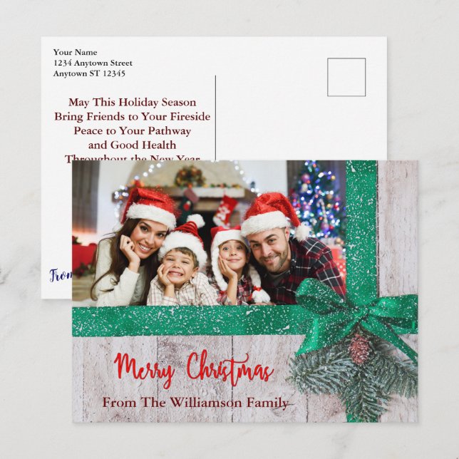 Snowy Green Ribbon Bow on Wood Photo Christmas Postcard (Front/Back)