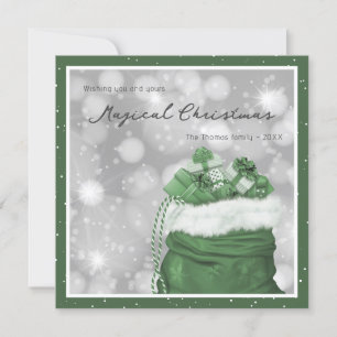 Snowy Green Santa's Bag Magical Christmas Holiday Card