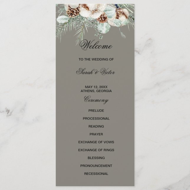 Snowy Greenery floral double side program card  (Front)
