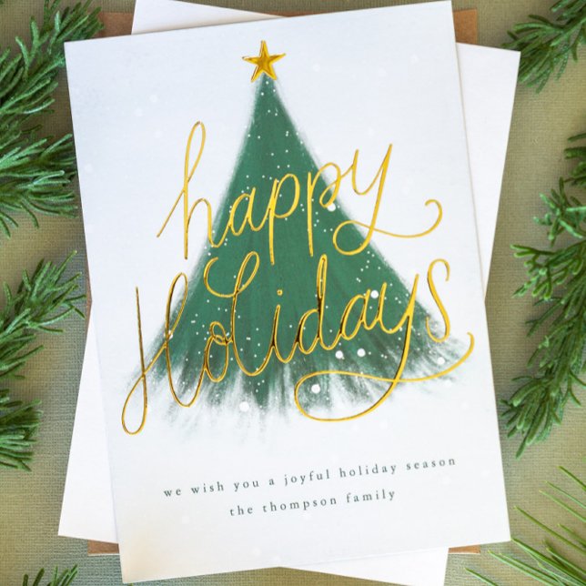 Snowy Happy Holidays Tree Forest Green Photo Gold Foil Holiday Card (Creator Uploaded)
