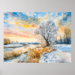 Snowy Havel River with Willowtree. Watercolor Poster