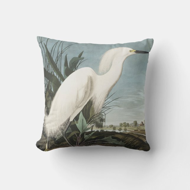 Snowy Heron or White Egret from Birds of America Cushion (Front)