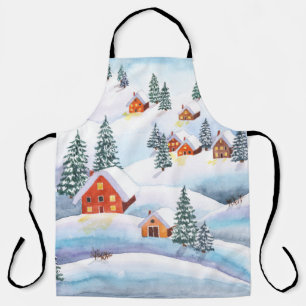 Snowy hills, houses: watercolor landscape apron