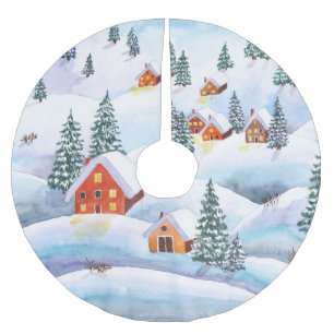 Snowy hills, houses: watercolor landscape brushed polyester tree skirt