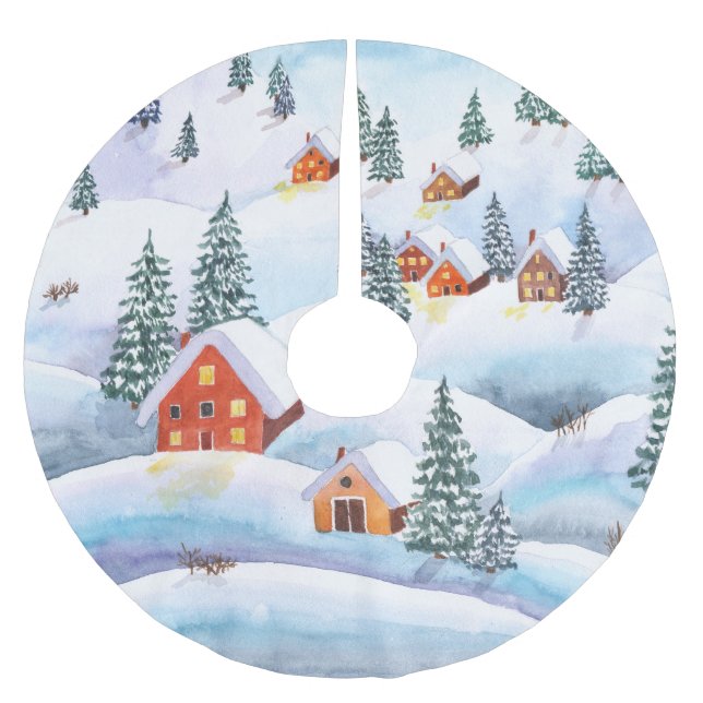 Snowy hills, houses: watercolor landscape brushed polyester tree skirt (Front)