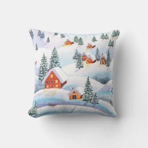 Snowy hills, houses: watercolor landscape cushion