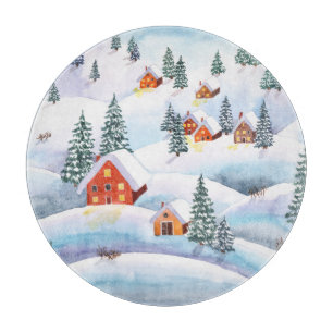 Snowy hills, houses: watercolor landscape cutting board