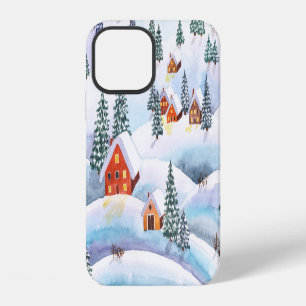 Snowy hills, houses: watercolor landscape iPhone 12 case