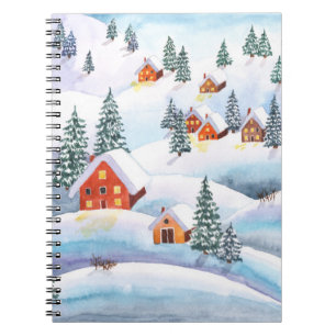 Snowy hills, houses: watercolor landscape notebook