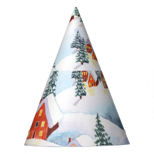 Snowy hills, houses: watercolor landscape party hat
