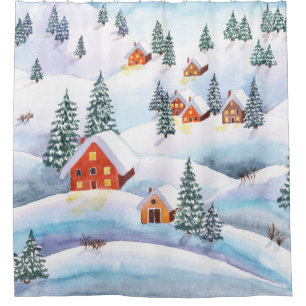 Snowy hills, houses: watercolor landscape shower curtain