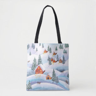 Snowy hills, houses: watercolor landscape tote bag